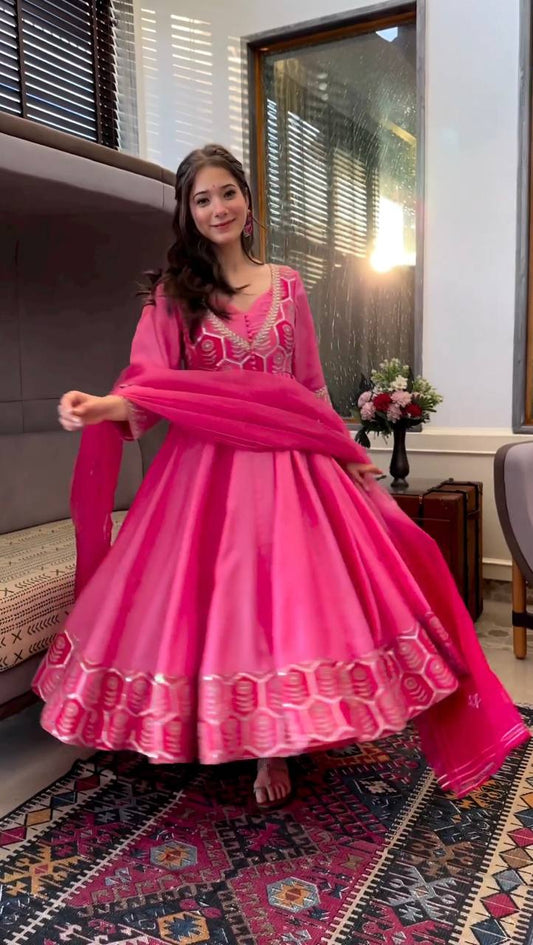 PINK Party Wear Look Embroidery And 5mm Sequence  gown with Dupatta*💥👗💃🛍👌