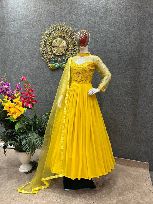 Yellow colour Haldi special   Designer Party Wear Look Heavy Embroidery Sequence Work Gown in Colours*