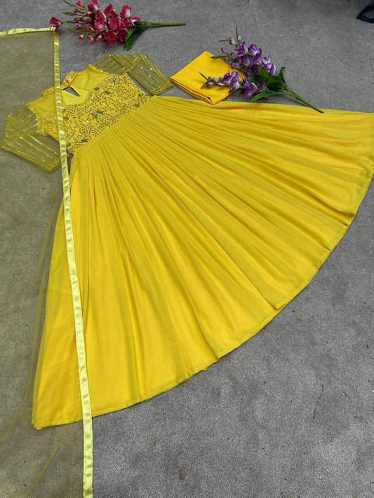 Yellow colour Haldi special   Designer Party Wear Look Heavy Embroidery Sequence Work Gown in Colours*