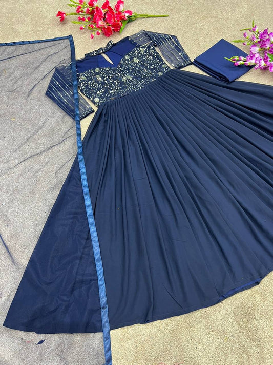 Nevi Blue   Designer Party Wear Look Heavy Embroidery Sequence Work Gown in Colours*