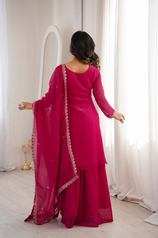 HEAVY PURE SOFT CRUNCHY SILK FABRIC WITH FANCY EMBROIDERY SEQUENCE SUIT