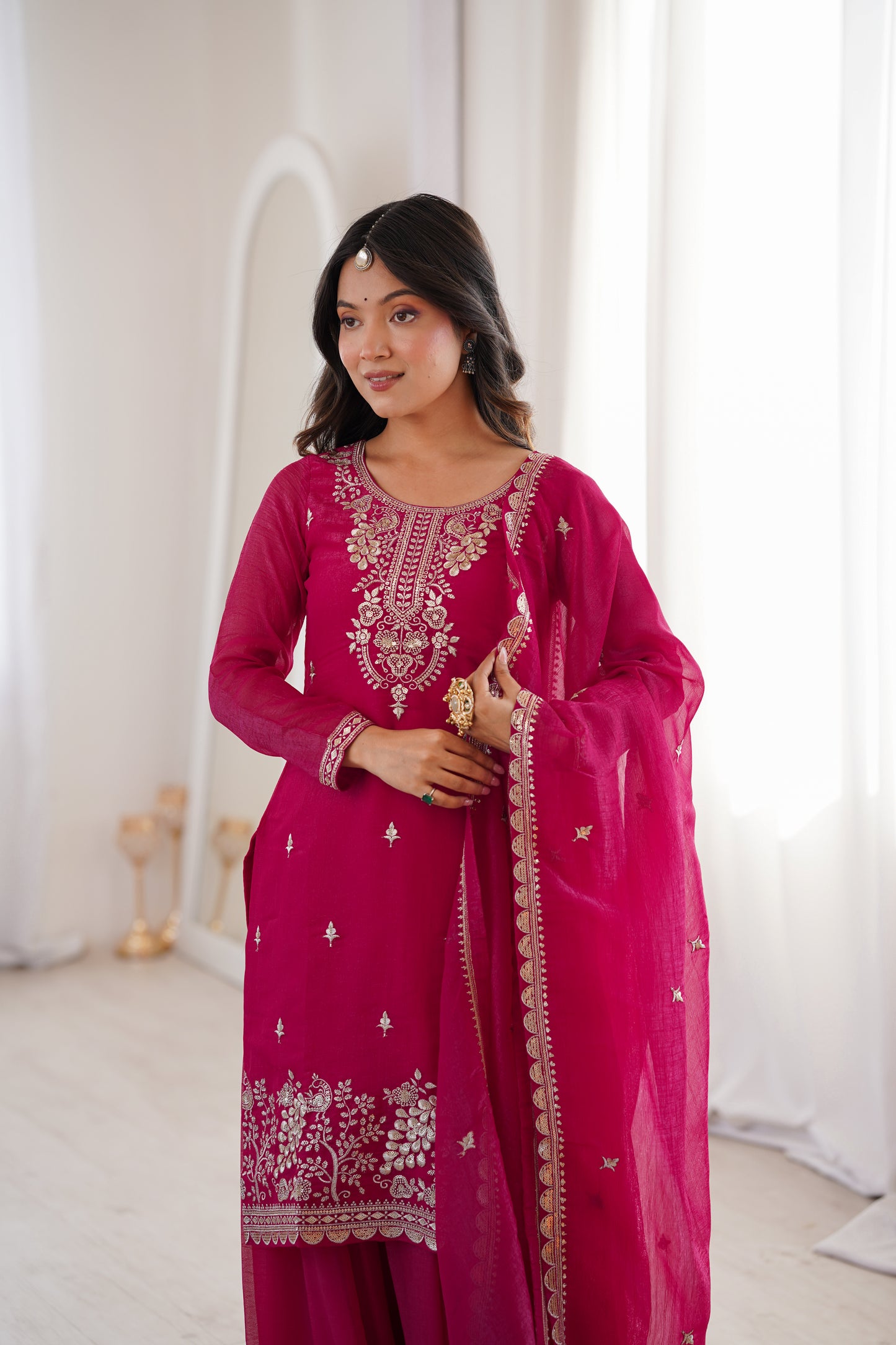 HEAVY PURE SOFT CRUNCHY SILK FABRIC WITH FANCY EMBROIDERY SEQUENCE SUIT