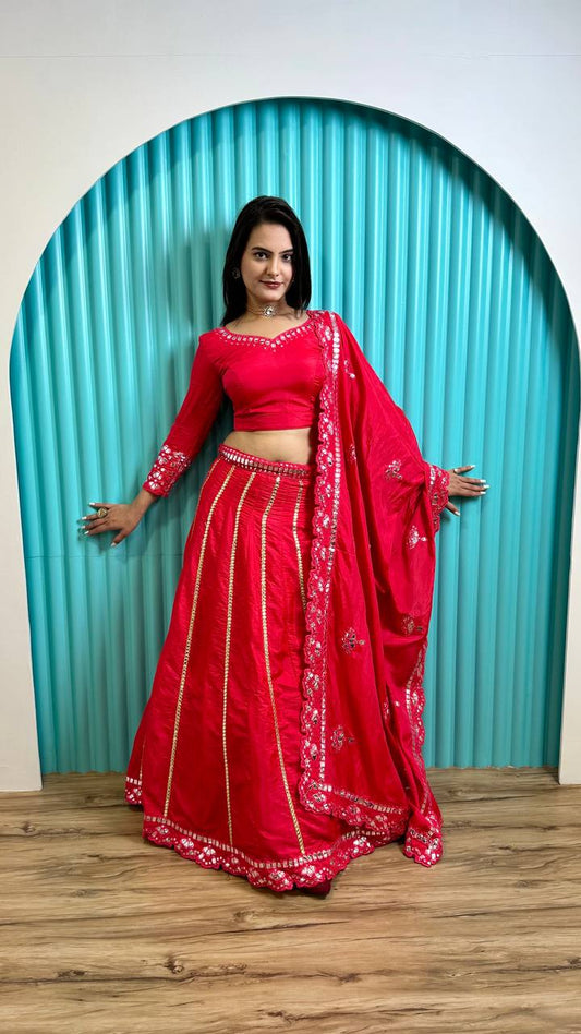 Two tone slub silk lehnga with foil paper work Lehenga