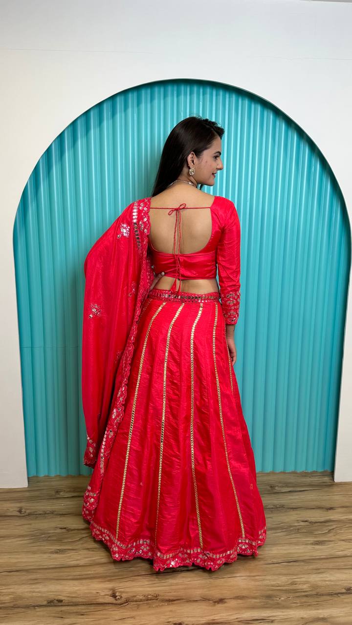 Two tone slub silk lehnga with foil paper work Lehenga