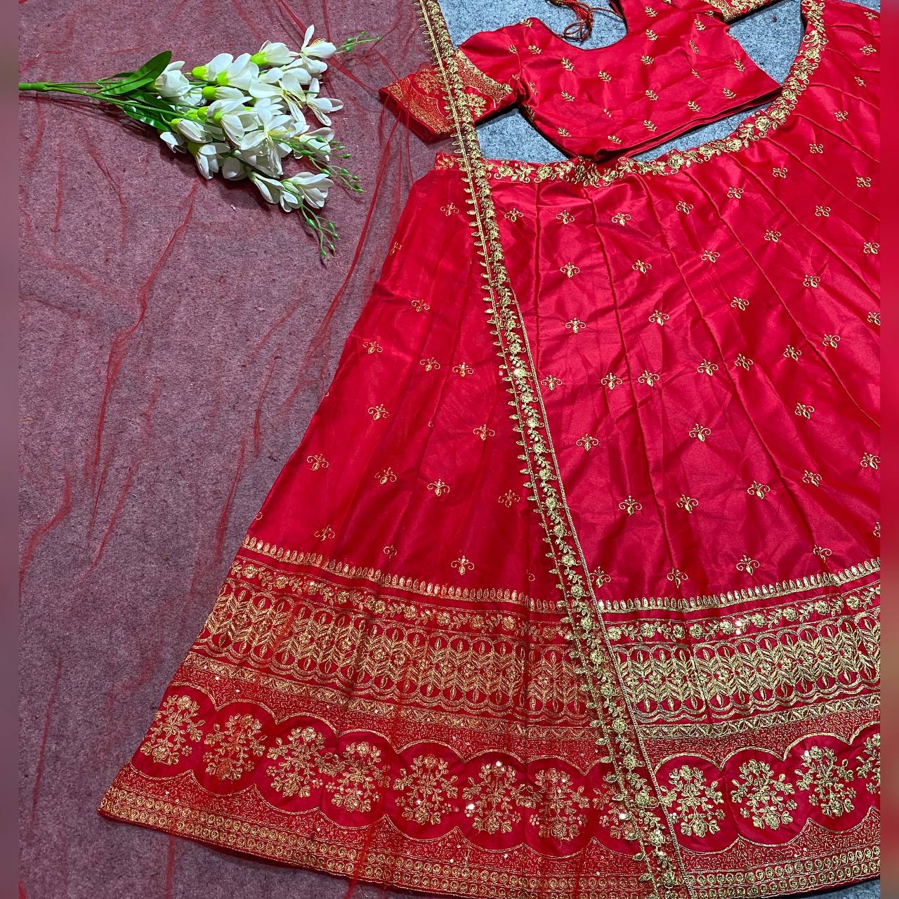 Red Colour Embroidered Attractive Party Wear Silk Lehenga choli