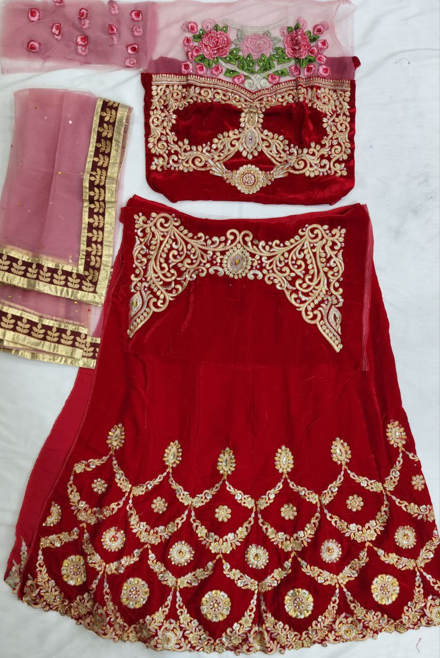 Multi Thread & Jari Embroidery Stich With Stone & Moti Work Lehenga