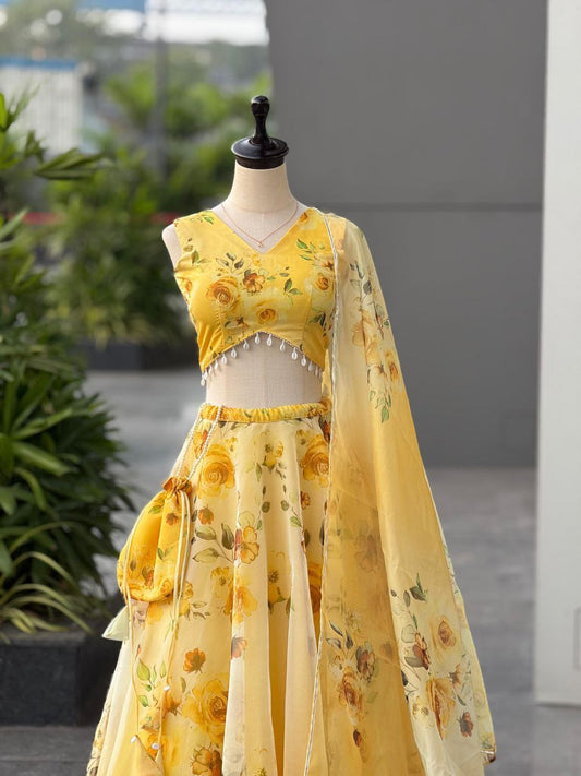 Pure organza silk digital printed lehnga