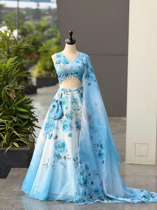 Pure organza silk digital printed lehnga