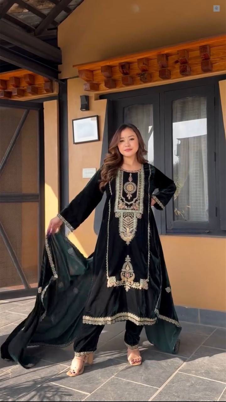 Pure Heavy Viscous Velvet With Heavy Embroidery Coding Sequence Work Suit