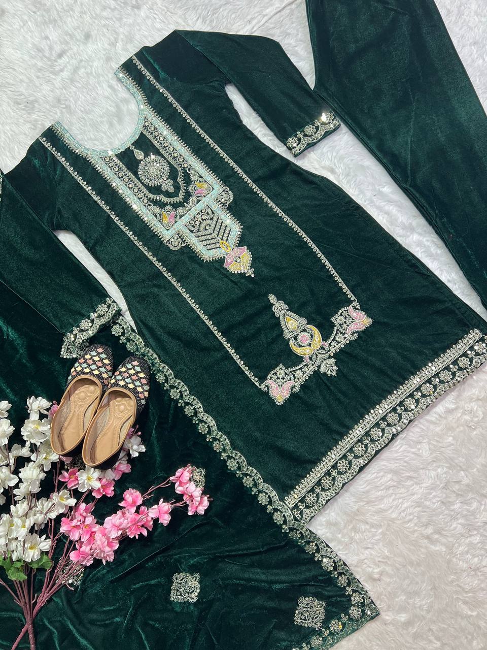 Pure Heavy Viscous Velvet With Heavy Embroidery Coding Sequence Work Suit
