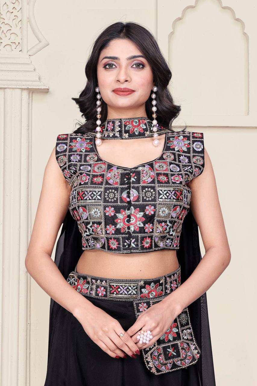 CHOLI LEHENGA BRODÉ EN VELOURS DE SÉQUENCE DE CORDON DE STYLE NEW BEUTIQUE