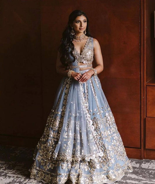 Net lehnga with foil paper & zari work Lehenga