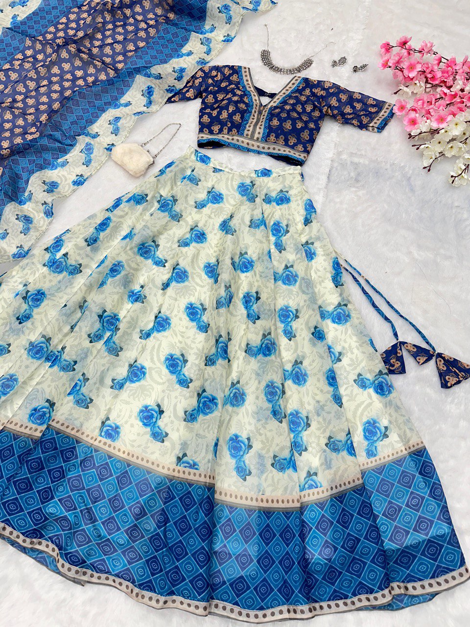 Pure Jimmy organza silk digital printed lehnga