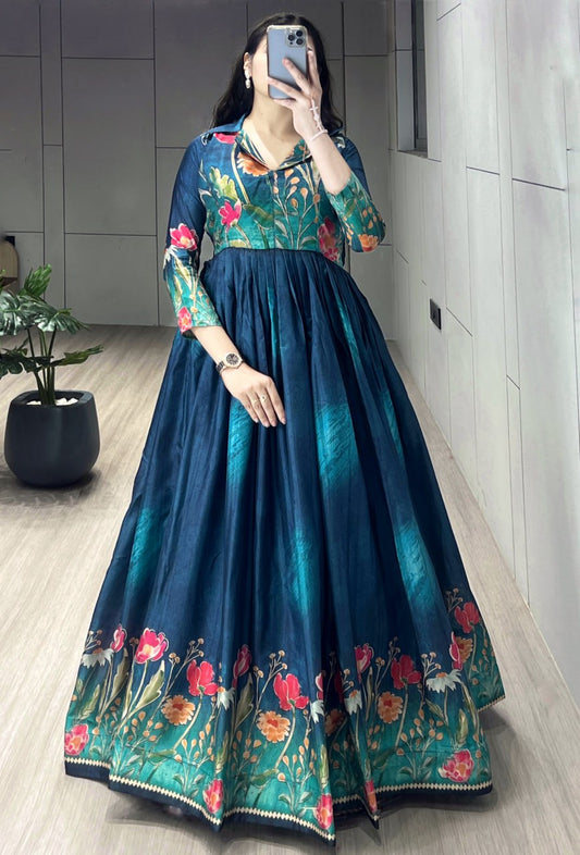 Most Gorgeous Indian Printed Manipuri Silk Long Gowns