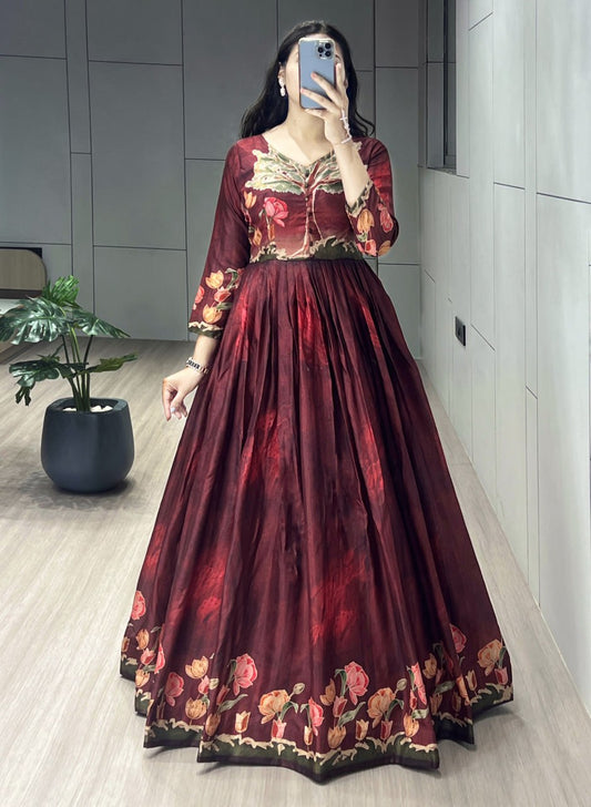 Most Gorgeous Indian Printed Manipuri Silk Long Gowns