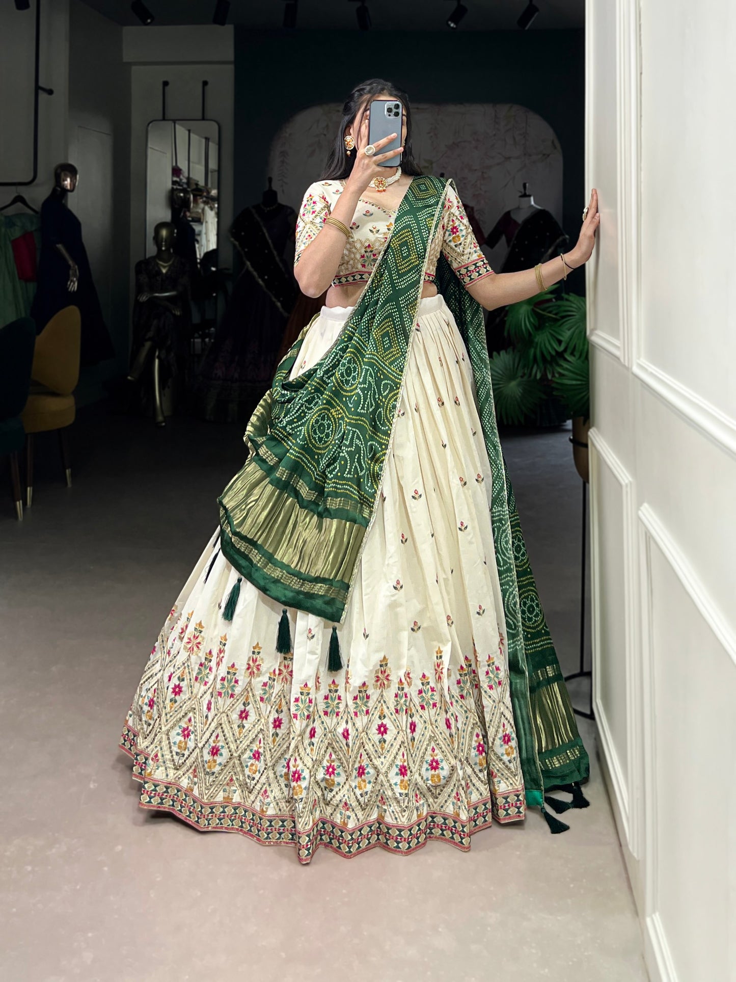 Khadi cotton Sequins And Thread Embroidery Work  Lehenga