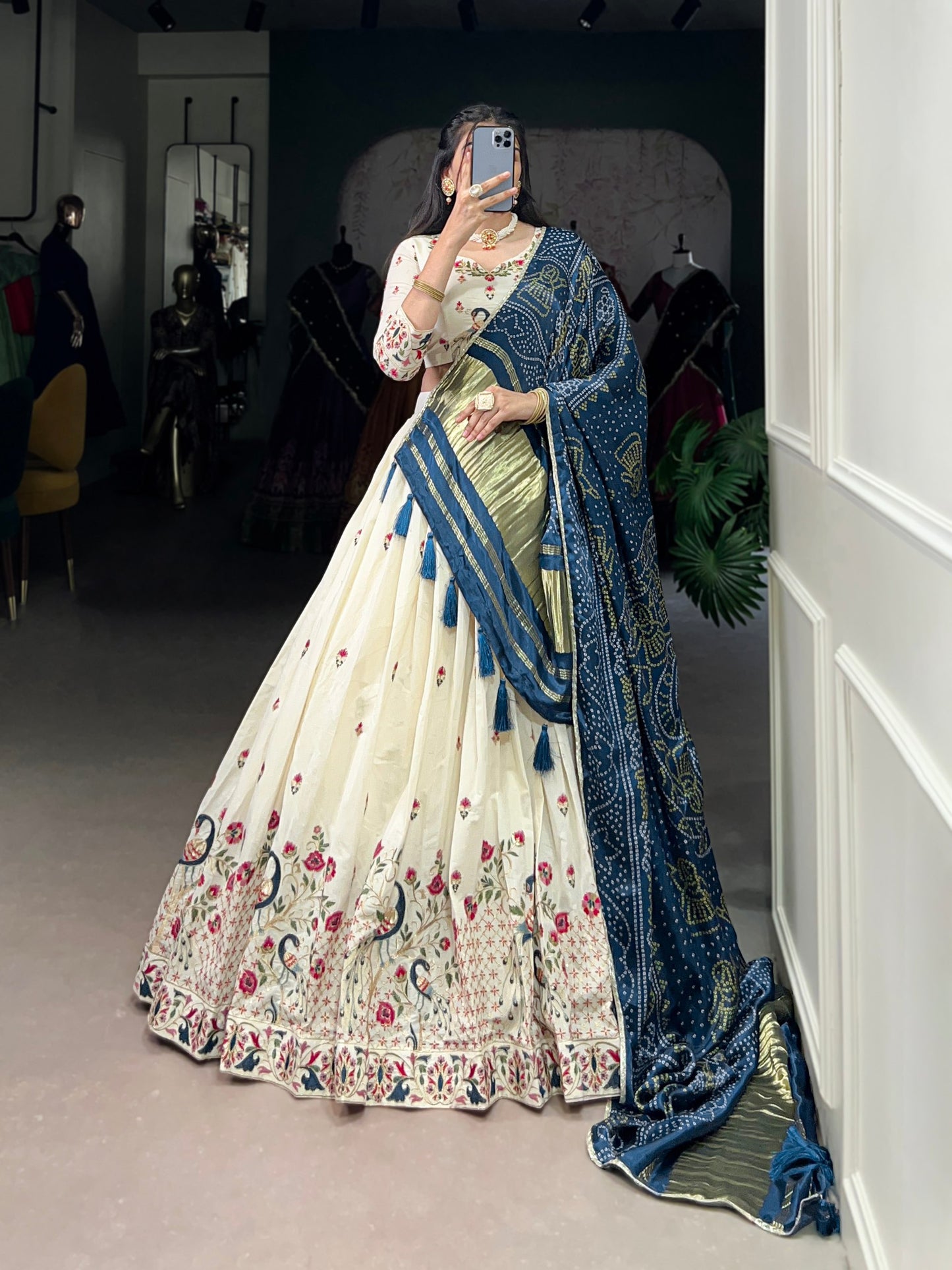 Khadi cotton Sequins And Thread Embroidery Work  Lehenga