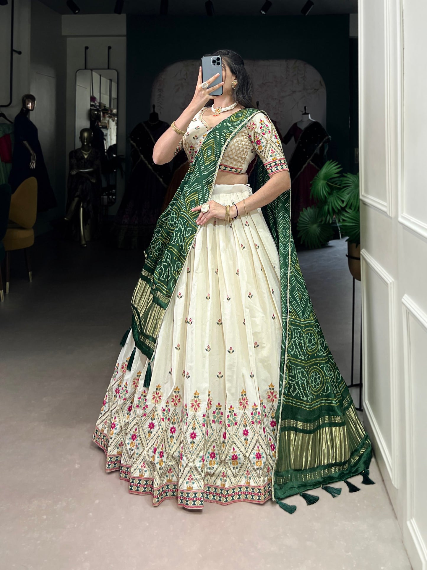 Khadi cotton Sequins And Thread Embroidery Work  Lehenga