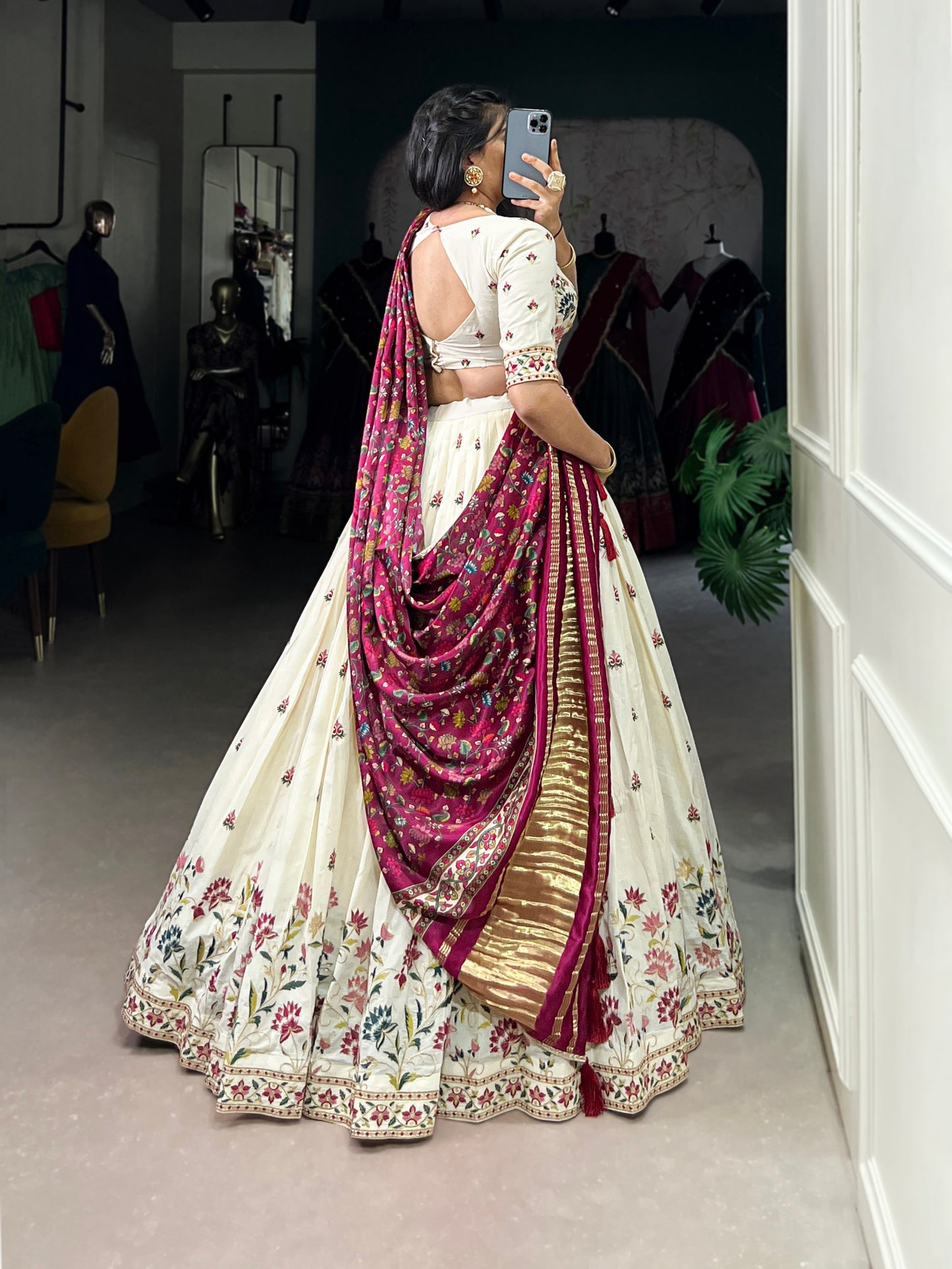 Khadi cotton Sequins And Thread Embroidery Work  Lehenga