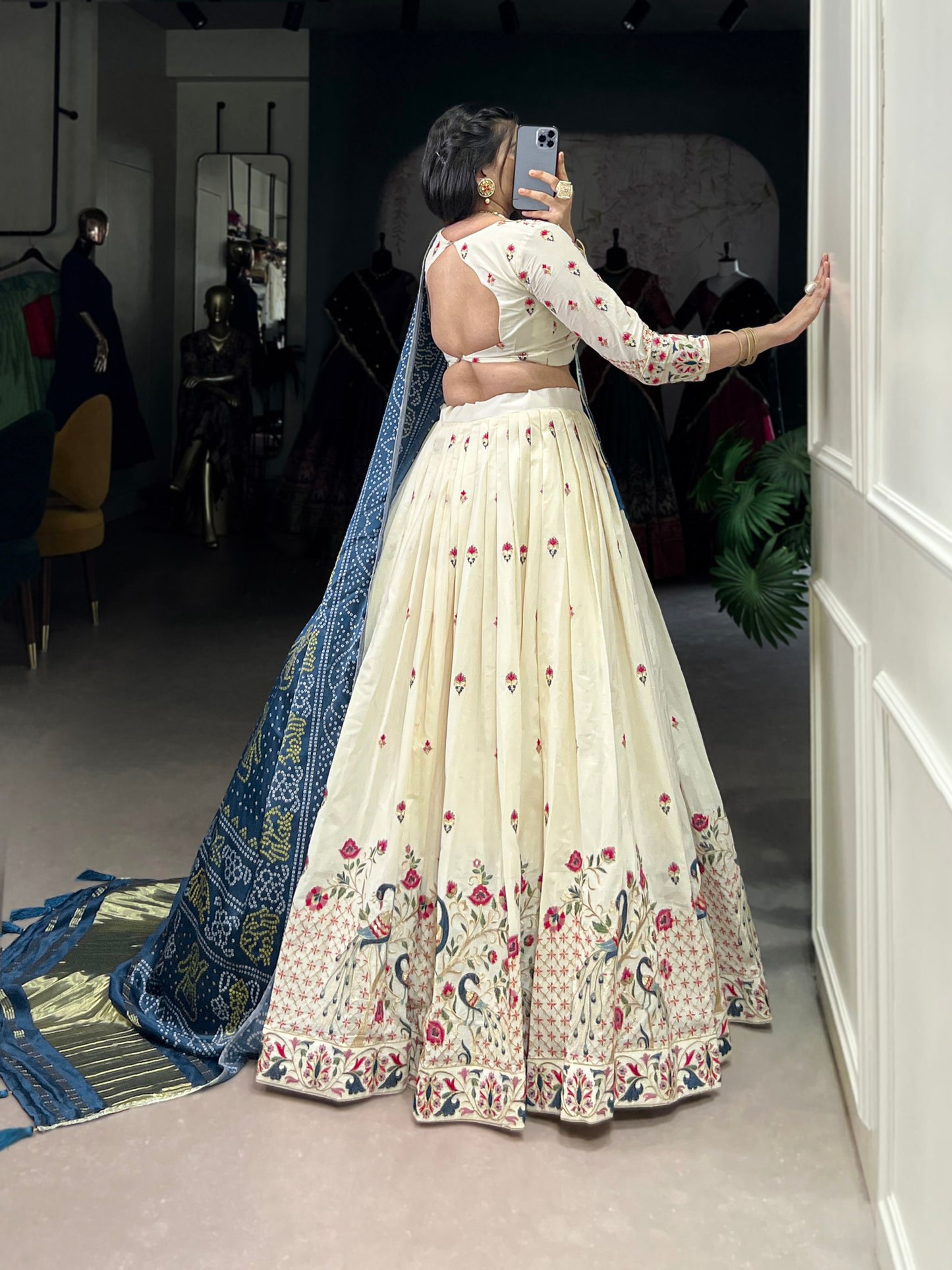 Khadi cotton Sequins And Thread Embroidery Work  Lehenga