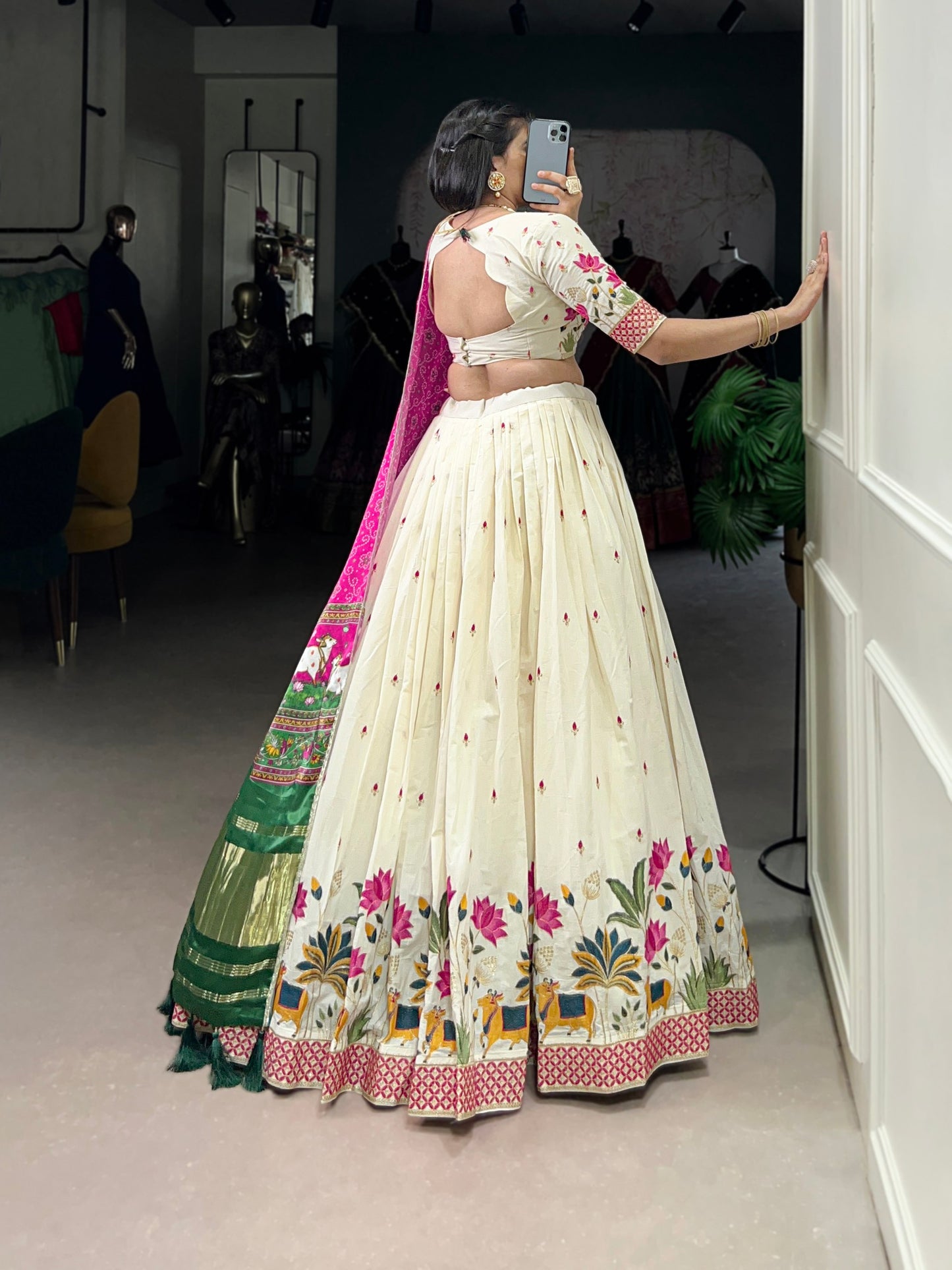 Khadi cotton Sequins And Thread Embroidery Work  Lehenga