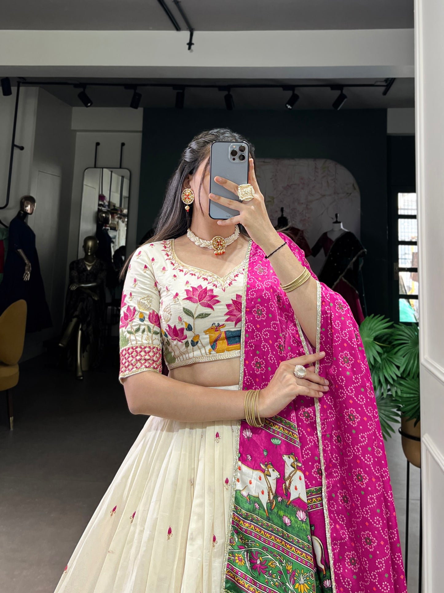 Khadi cotton Sequins And Thread Embroidery Work  Lehenga