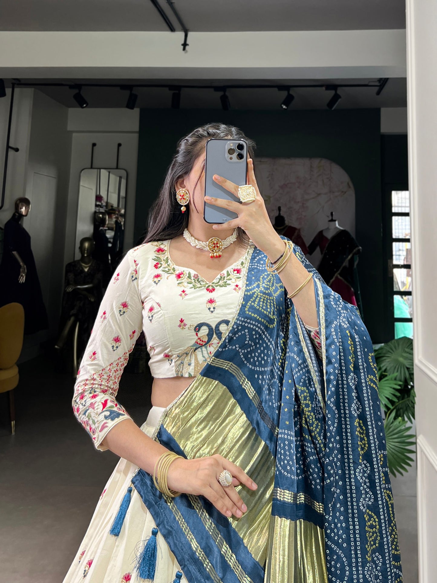 Khadi cotton Sequins And Thread Embroidery Work  Lehenga