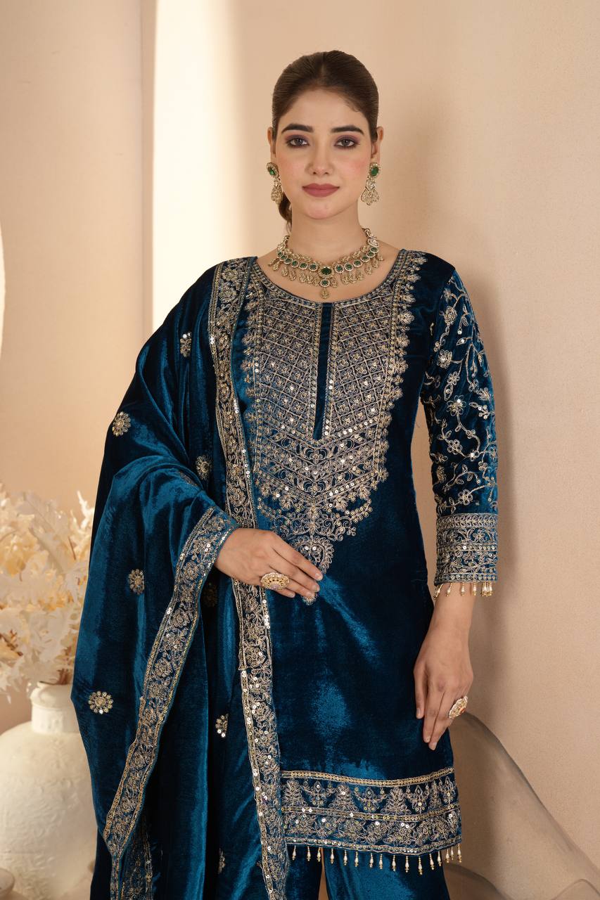 Pure Heavy Viscose Velvet With Heavy Embroidery Coding Sequence Work Suit