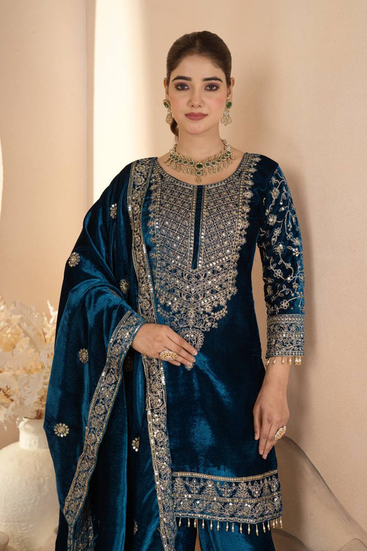 Pure Heavy Viscose Velvet With Heavy Embroidery Coding Sequence Work Suit