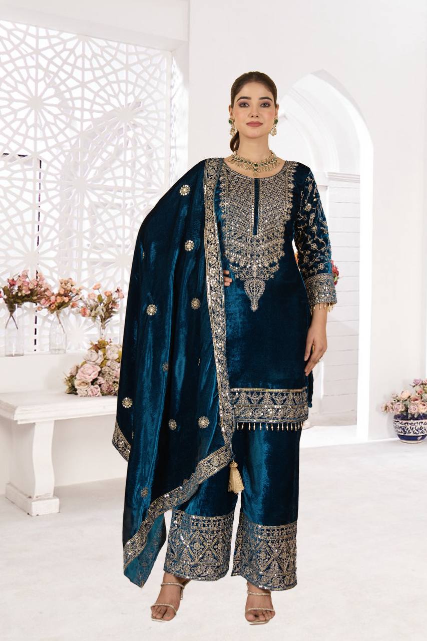 Pure Heavy Viscose Velvet With Heavy Embroidery Coding Sequence Work Suit