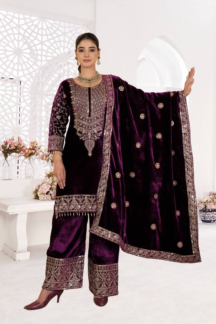 Pure Heavy Viscose Velvet With Heavy Embroidery Coding Sequence Work Suit