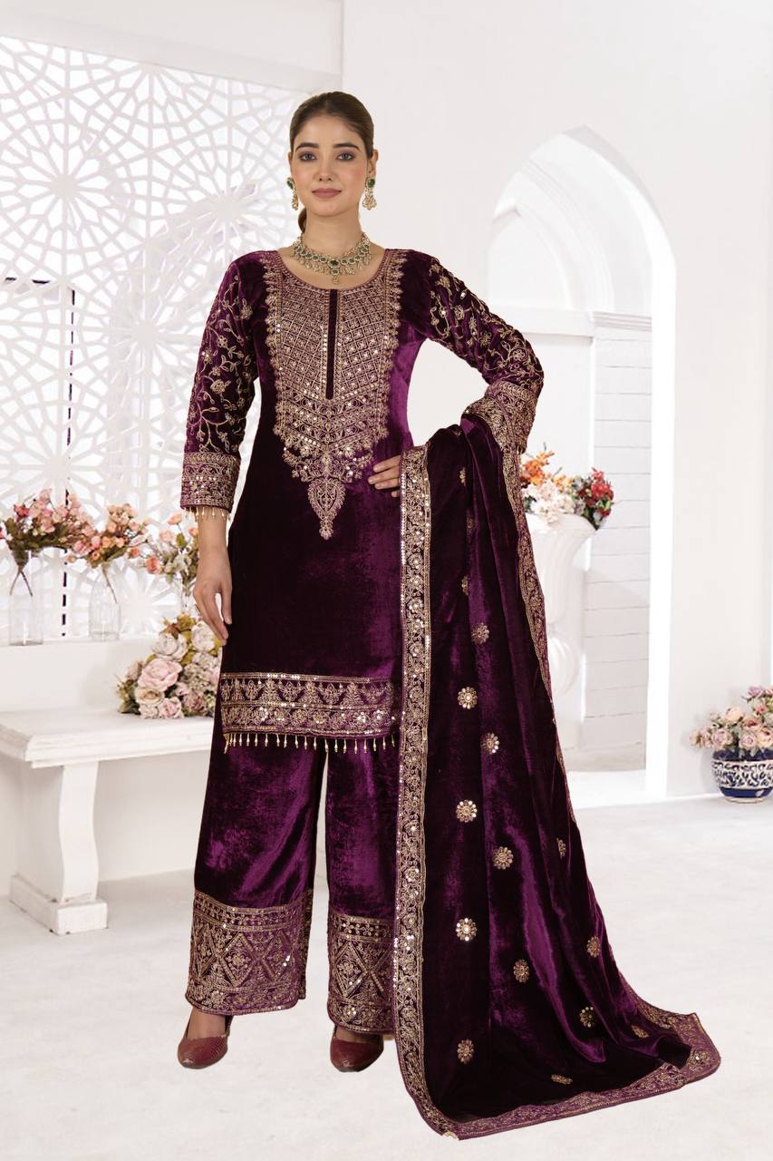 Pure Heavy Viscose Velvet With Heavy Embroidery Coding Sequence Work Suit