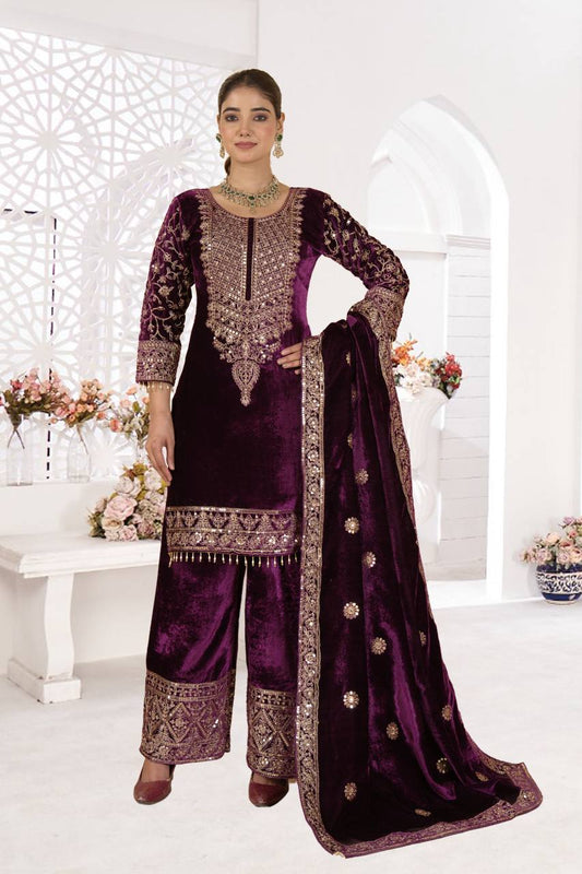 Pure Heavy Viscose Velvet With Heavy Embroidery Coding Sequence Work Suit