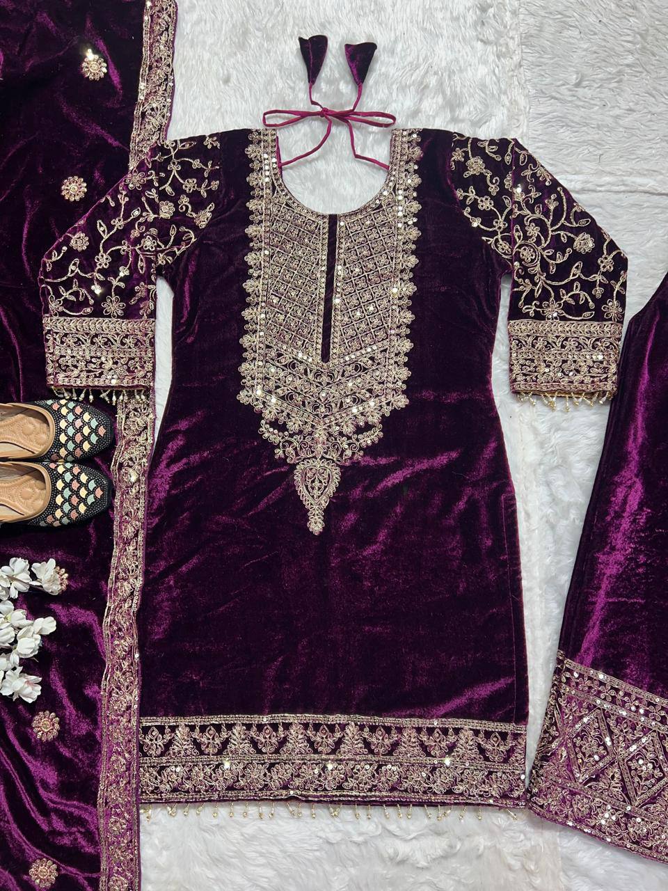 Pure Heavy Viscose Velvet With Heavy Embroidery Coding Sequence Work Suit
