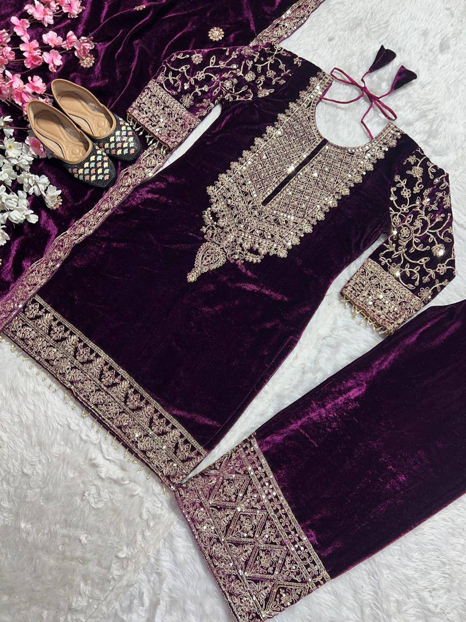 Pure Heavy Viscose Velvet With Heavy Embroidery Coding Sequence Work Suit