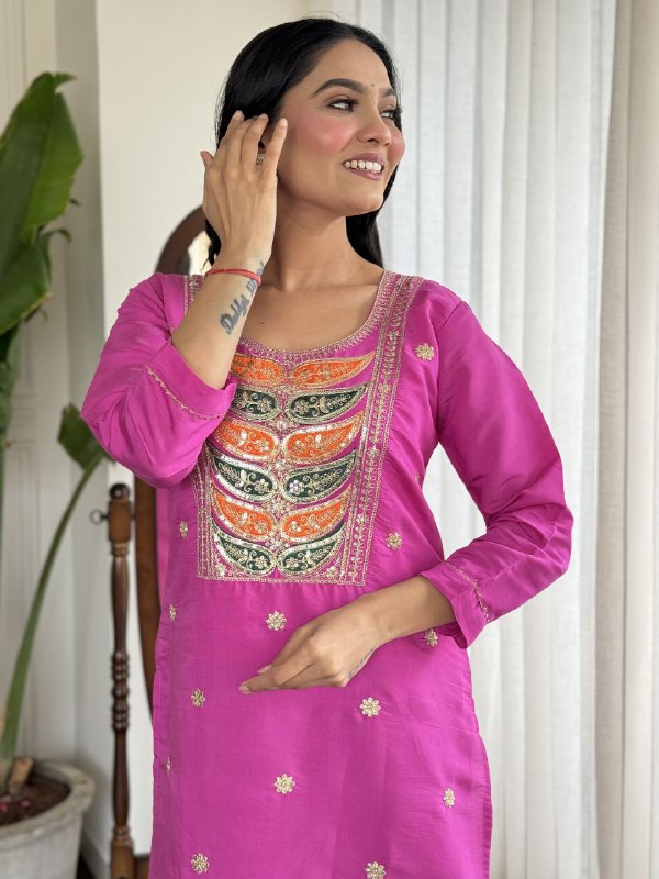 Viscose Chanderi Embroidered Top With Bottom & Printed Taby Border Work