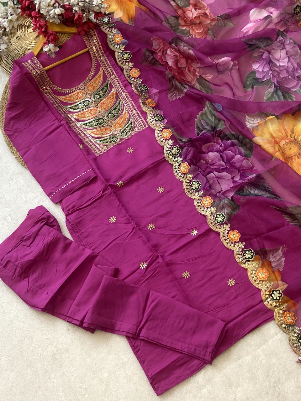 Viscose Chanderi Embroidered Top With Bottom & Printed Taby Border Work