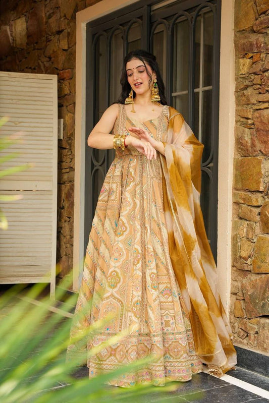 pure organza silk digital printed padded gown