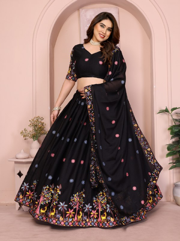 Fendy Silk Embroidery Work Stitch avec toile Lehenga Choli