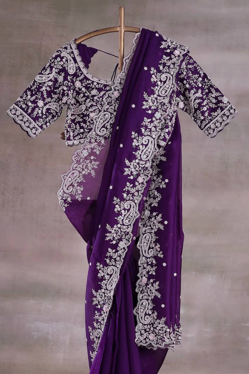 Premium Fendy Satin With Heavy Embroidery Codding & Sequins Work Saree