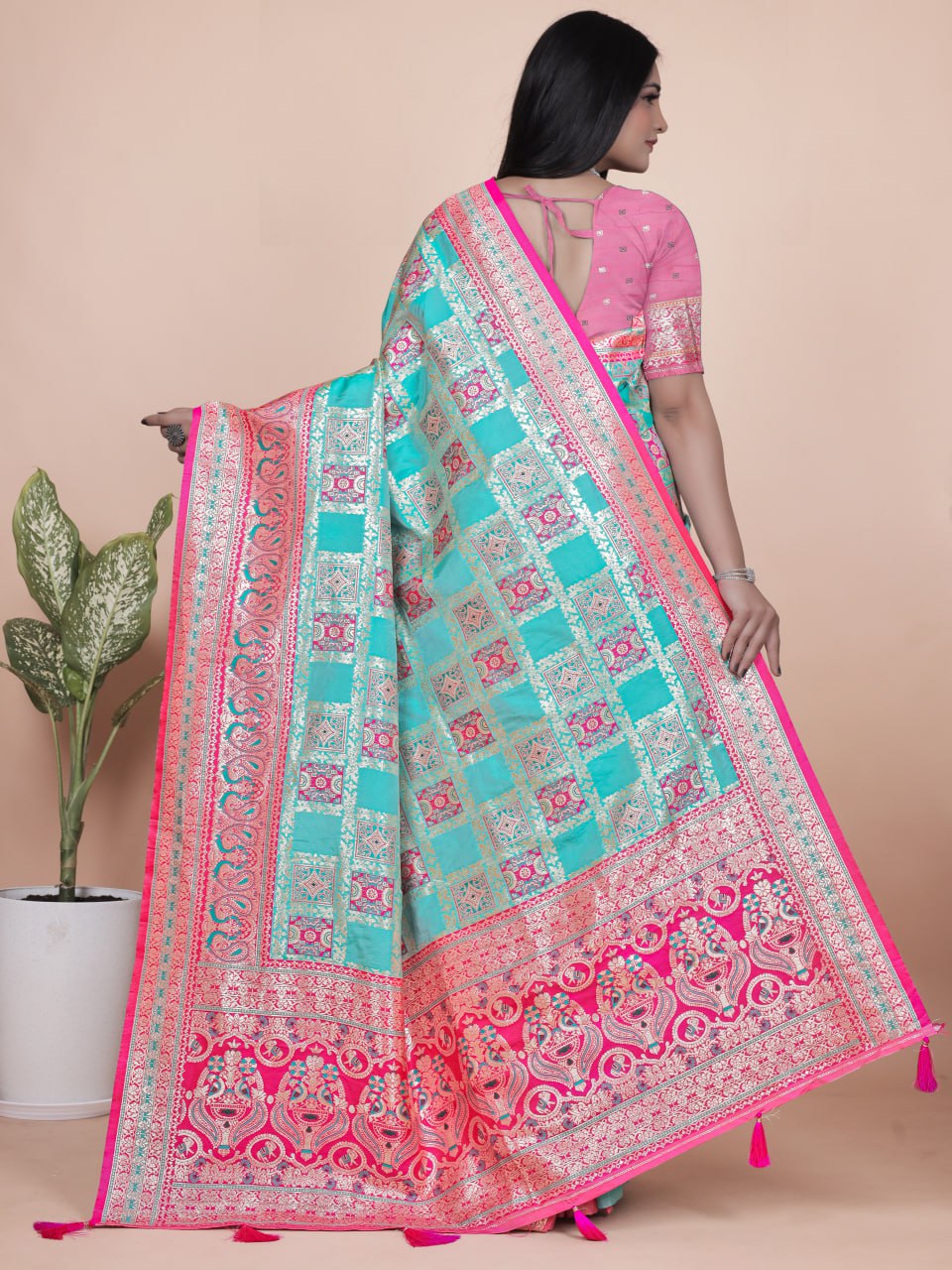 Aqua Blue and Pink Banarasi Silk Saree with Silver Zari Weaving