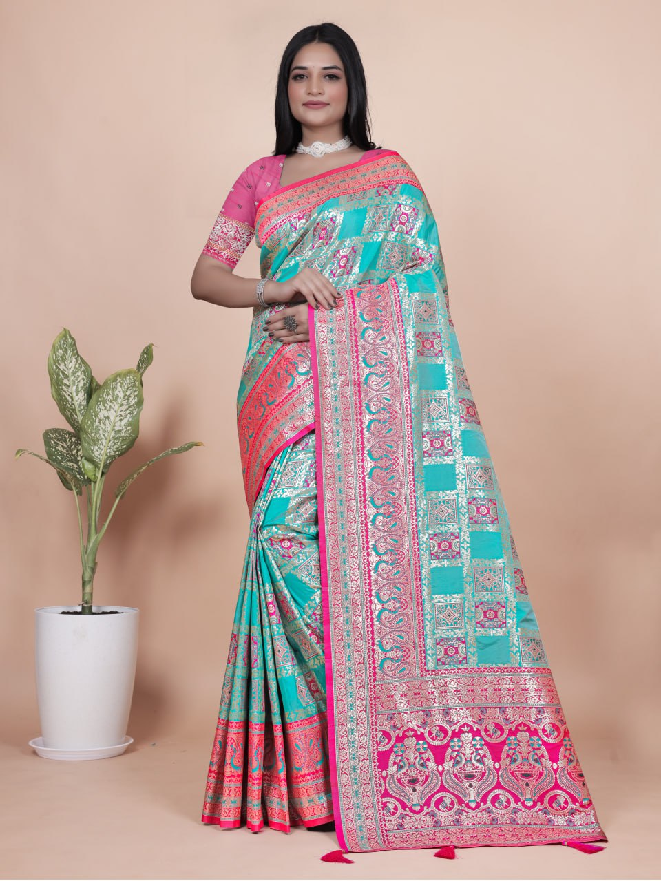 Aqua Blue and Pink Banarasi Silk Saree with Silver Zari Weaving