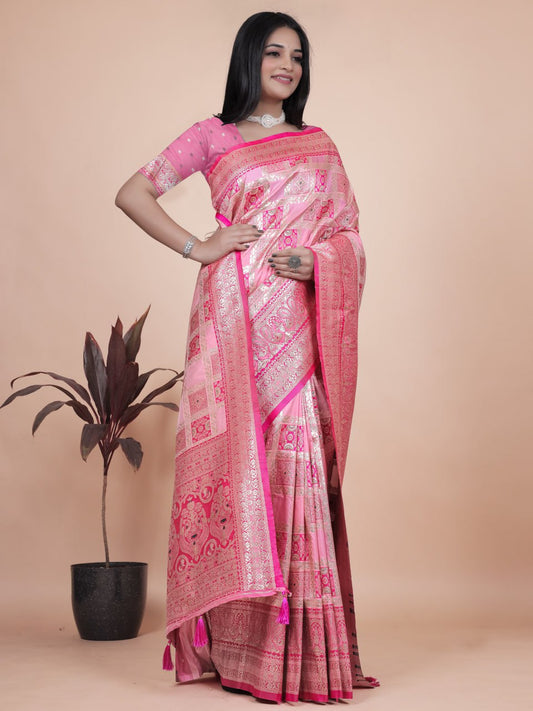 Baby Pink Banarasi Silk Saree with Rich Silver Zari Detailing