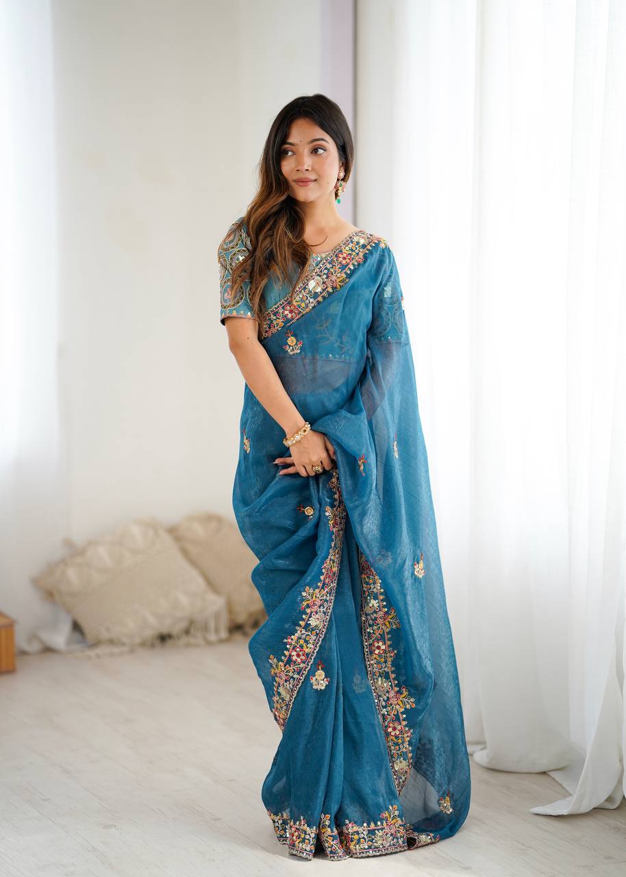 Premium Crunchy Silk With Heavy Embroidery Threads Codding & Sequins Work Saree