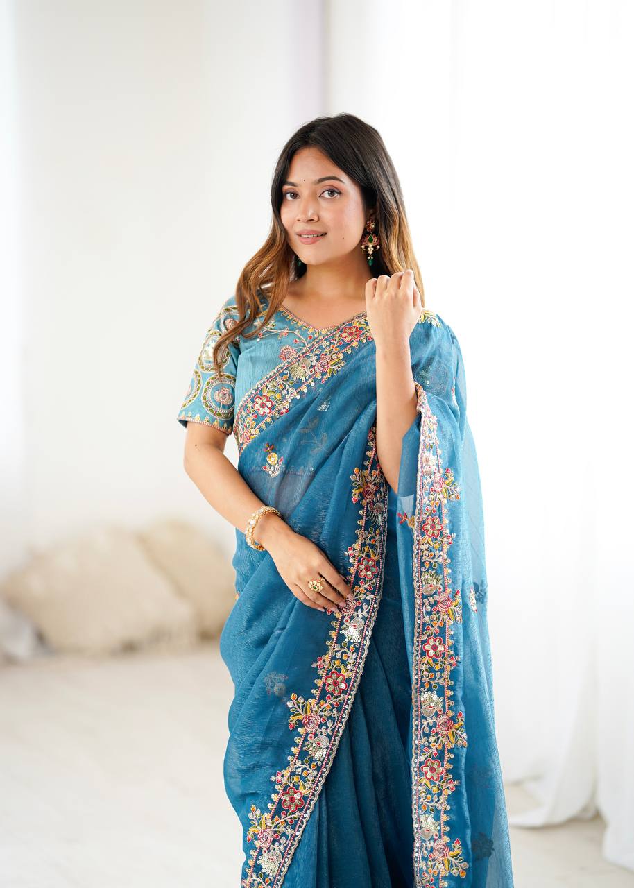 Premium Crunchy Silk With Heavy Embroidery Threads Codding & Sequins Work Saree
