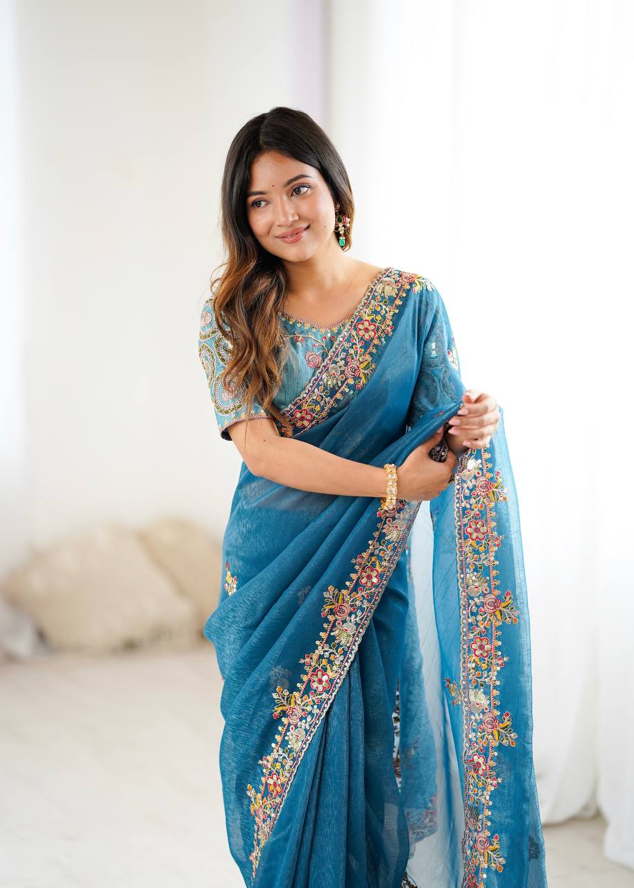 Premium Crunchy Silk With Heavy Embroidery Threads Codding & Sequins Work Saree