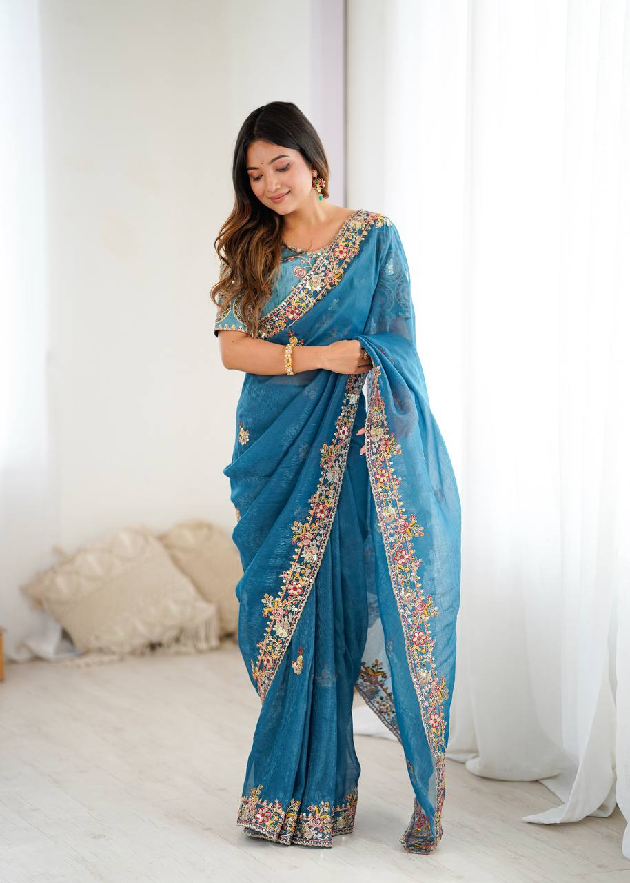 Premium Crunchy Silk With Heavy Embroidery Threads Codding & Sequins Work Saree