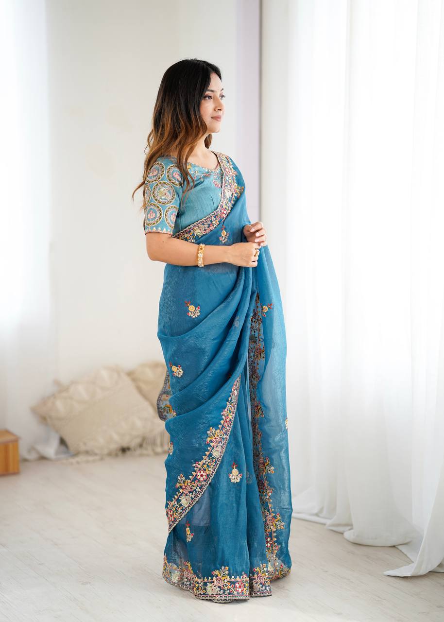 Premium Crunchy Silk With Heavy Embroidery Threads Codding & Sequins Work Saree