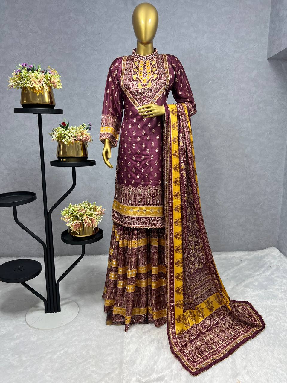 3 PIECE FANCY KURTI WITH SHARARA AND BEAUTIFUL DUPATTA