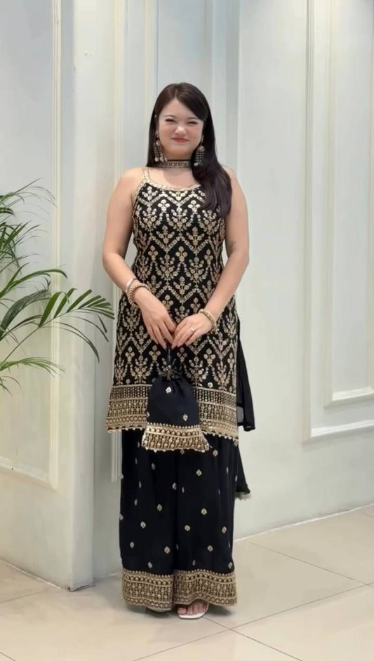 Presenting New Premium Quality With Embroidery Sequence Worked Top Plazzo